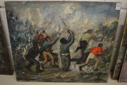 George Weissbort, animated figures, oil on board, unframed.