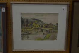 Rural scene with river and five bar gate, watercolour.