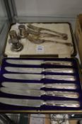 Cased set of six silver handled dessert knives and other items.