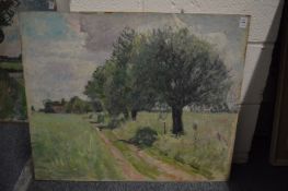 George Weissbort, country track with trees, oil on board, unframed.