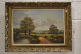 David Rondeo, English landscape with pond and a lane leading to a cottage, oil on canvas.
