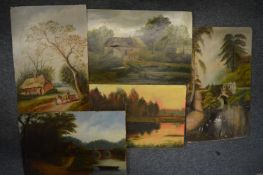 A group of five unframed oil paintings depicting rural landscapes etc.