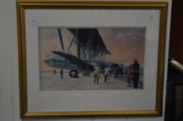 Bon Voyage, colour print depicting figures alighting an aeroplane, pencil signed.