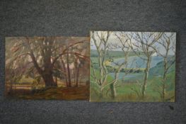 Coastal landscape with trees in the foreground, oil on canvas, unframed together with another