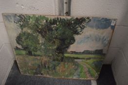 George Weissbort, a country track with trees and fields with buildings in the distance, oil on