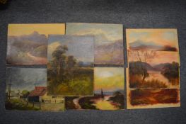 Eight various small unframed oil paintings depicting mountainous river landscapes.