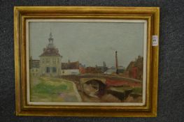 City landscape with a bridge and buildings, oil on board.