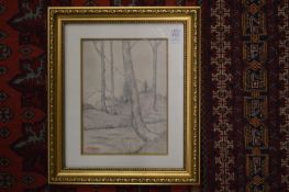 Attributed to Stanislas Lepine, a study of trees along a riverside, pencil.