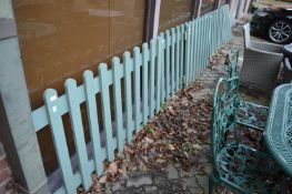 Six lengths of pale green painted picket fencing, one length 180cm x 90cm, two lengths 155cm x 90cm,