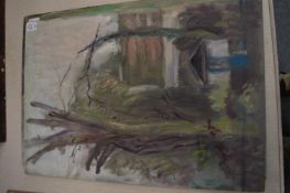 George Weissbort, trees and a building with a blue door, oil on board, unframed and two others.