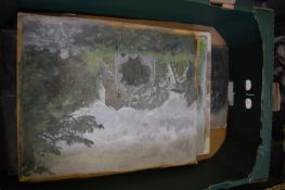 George Weissbort, oil on board depicting a church and graveyard, unframed and eight other works by