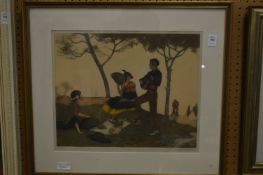 Spanish scene depicting figures picnicking beneath a tree, signed.