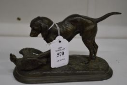 In the manner of Mene, small cast spelter group of a dog and a pheasant.