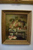 W Cooper, still life of fruit, grapes and peaches in a basket on a ledge, oil on board, signed.