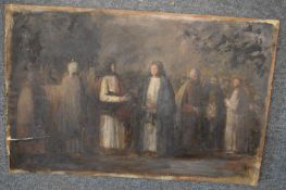 George Weissbort, a group of figures in conversation, oil on paper, unframed and a still life of