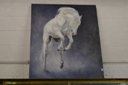 A rearing stallion, a large oil on canvas, unframed, 120cm x 100cm.