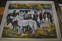 O'Meara, children with ponies, oil on canvas, signed and three other oil paintings.
