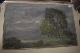 George Weissbort, landscape with trees and a figure in red, oil on board, unframed.