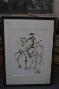 Figure in horseback, embossed picture together with a print of the Thames and its surroundings.