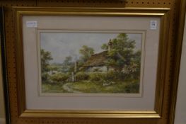 Rural scene with a country cottage, female figure by a gate, watercolour, monogrammed.