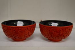A pair of Chinese cinnabar lacquer style bowls.