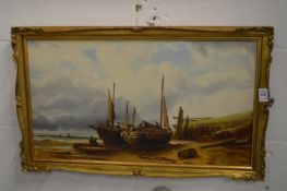 Attributed to Ralph Reuben Stubbs, fisherman maintaining their boats, oil on canvas.