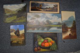 A group of six small unframed oil paintings depicting figure subjects, landscape etc.