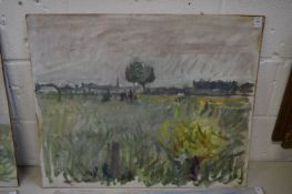 George Weissbort, rural landscape with trees in the distance, oil on board, unframed.