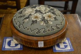 A pair of Victorian inlaid walnut and bead work upholstered circular foot stools with porcelain