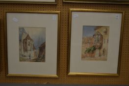 F J Lott, classical building with mullioned windows, figures to the exterior, watercolour, signed