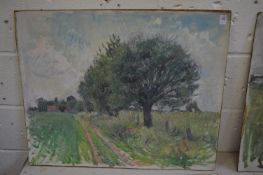 George Weissbort, a country track with trees and buildings in the distance, oil on board.
