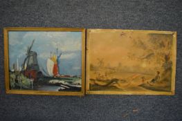A study of a windmill and a sailing ship with a figure by a river, oil on board together with an