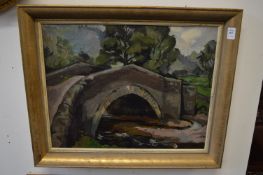 Wooded river landscape with stone bridge, oil on canvas.