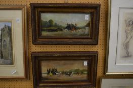 Coaching scenes, oil on board, a pair.