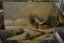 Winter river landscape with figures and buildings, oil on canvas, unframed.