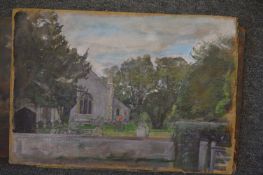 George Weissbort, churchyard scene, oil on board, unframed and four other paintings, unframed.