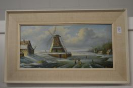 J Lefranc, Dutch winter landscape with windmill and figures, oil on board, signed.