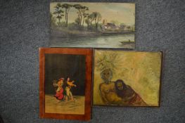 Wooded river landscape with a man fishing, buildings beyond together with decorative panel depicting
