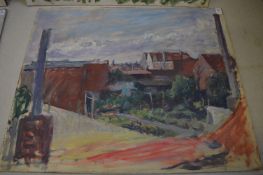 George Weissbort, a city landscape with buildings and road, oil on board, unframed.