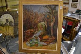 Wooded river landscape, oil on canvas.