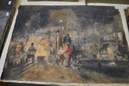 George Weissbort, figures gathering around a camp fire, watercolour, unframed.