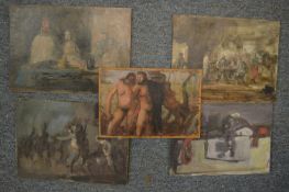 George Weissbort, standing male and female nudes, oil on board, unframed and four others.