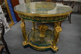An impressive faux malachite and ormolu circular two-tier centre table with figural supports.