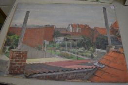 George Weissbort, a city landscape with buildings and gardens, oil on board.