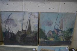 George Weissbort, study of a church, oil on board, unframed and another similar.