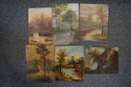 A group of six small unframed oil paintings on board depicting rural landscapes, river scenes etc.