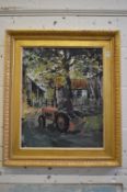 T Brown, tractor and driver in a farmyard, oil on board.