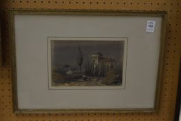 Continental School, female figures on a road to buildings beyond, watercolour.