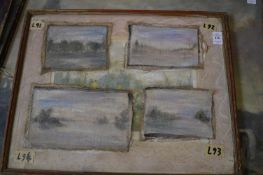 George Weissbort, four small landscape paintings, oil on canvas, laid onto an old print and two