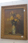 Still life of flowers in a vase, oleograph.